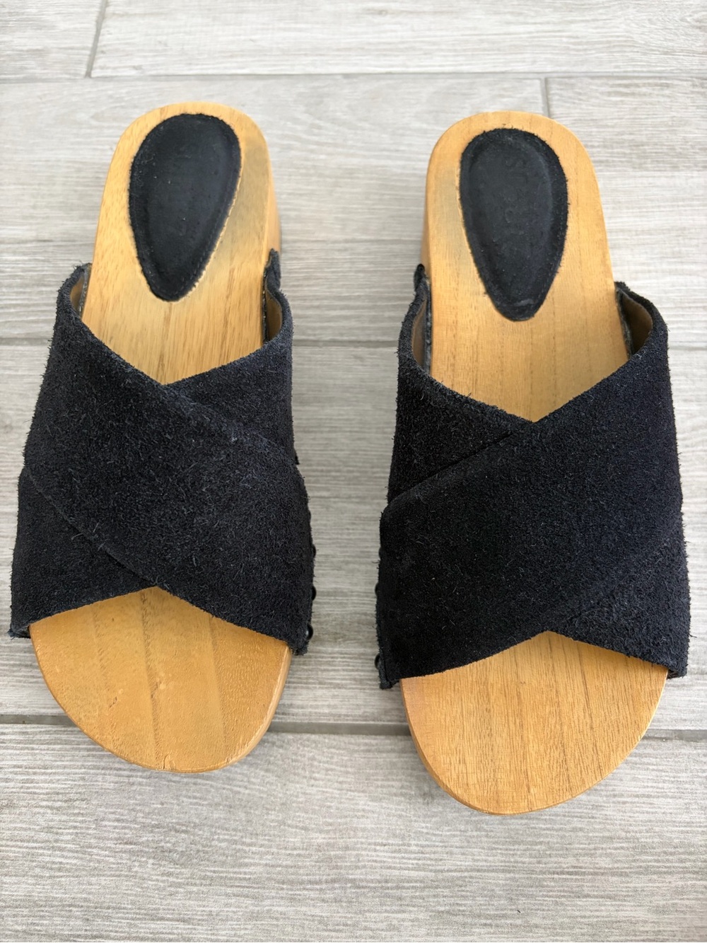 SCHUTZ Black Suede Crossband Wooden Slide Clogs